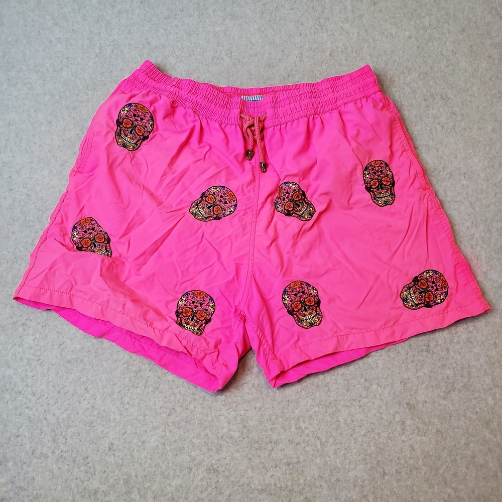 Les Canebiers Men 3XL Short Swim Trunks Bright Pink Embroidered Skulls Waist 34"